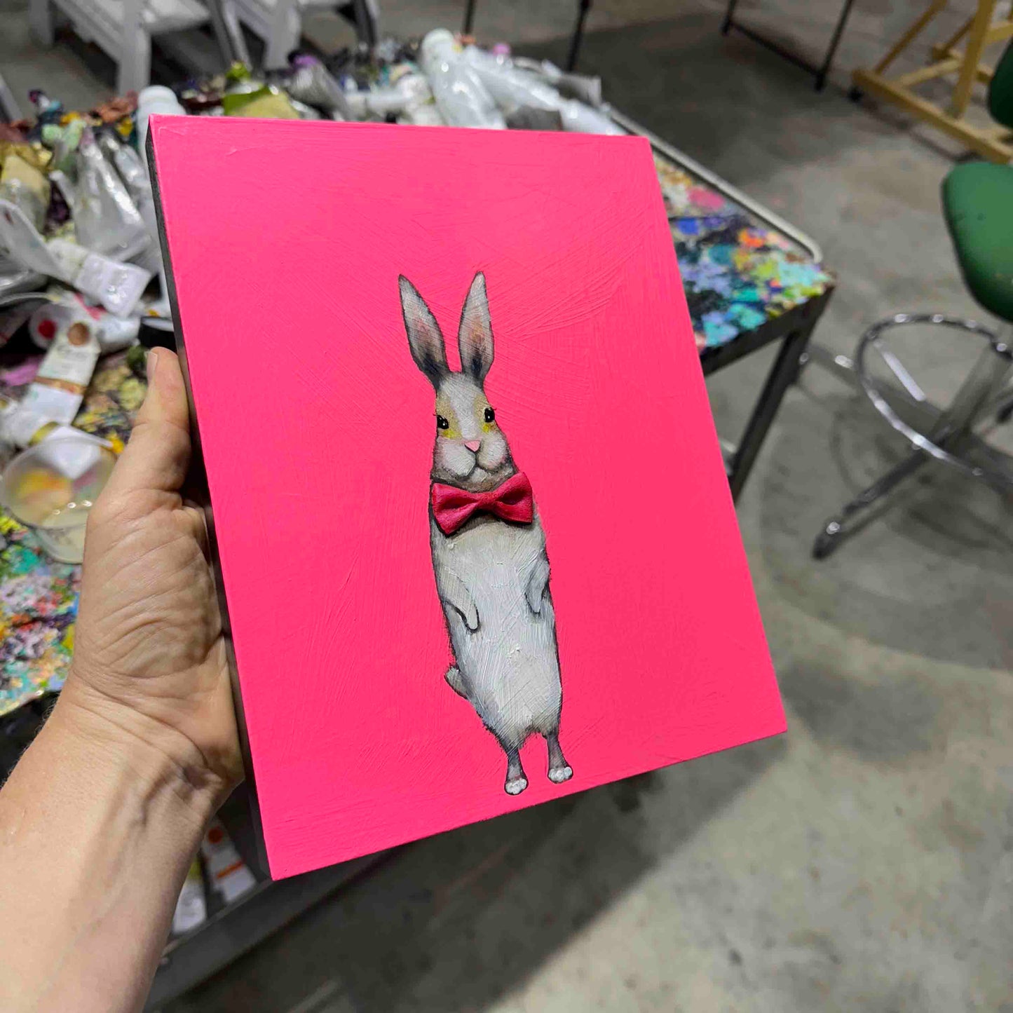 Bow Tie Bunny in Fluorescent Pink 8x10" - Oil Painting