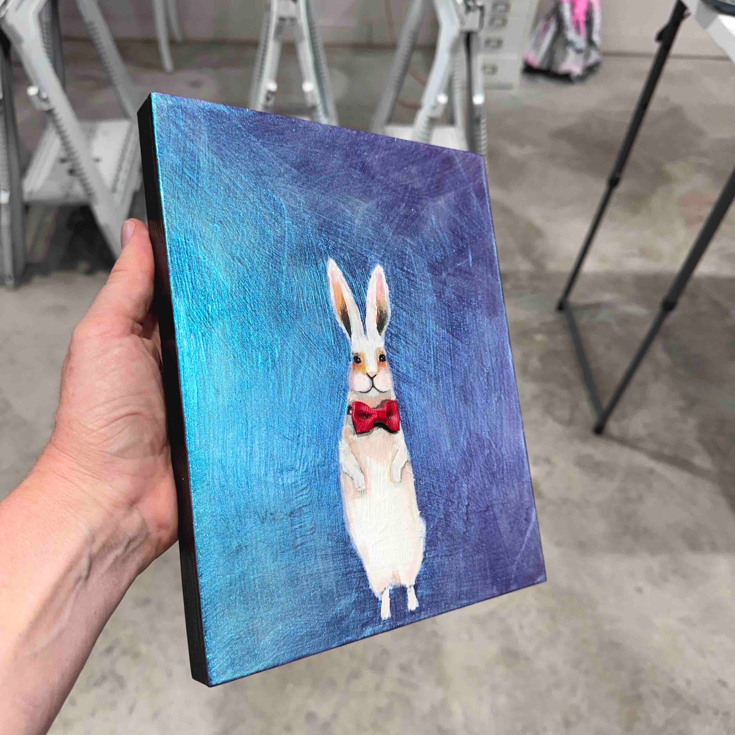 Bow Tie Bunny in Iridescent Blue 8x10" - Oil Painting