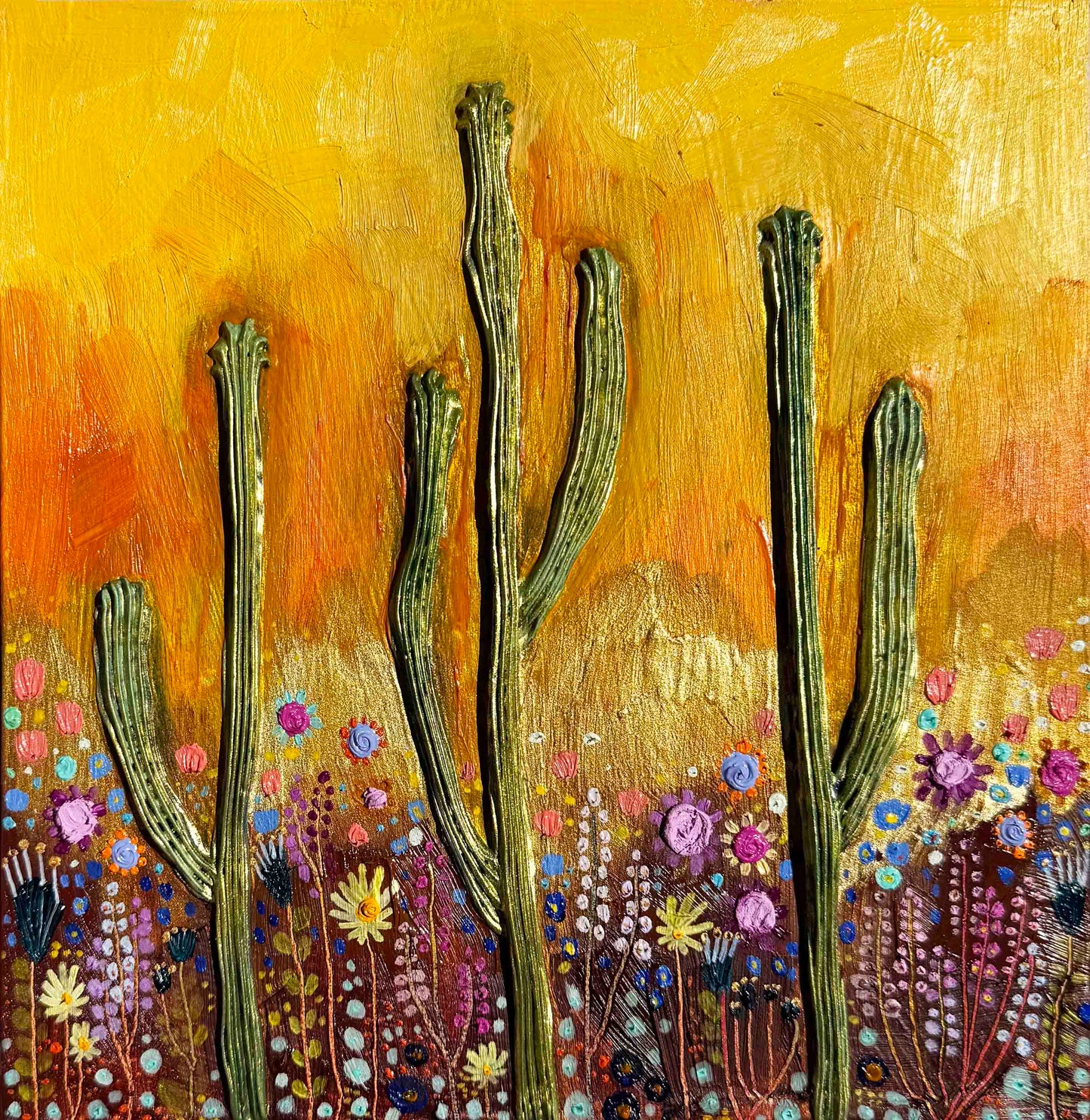Desert Flowers in Butter Yellow - 8.25 x 8.25" - Oil Painting