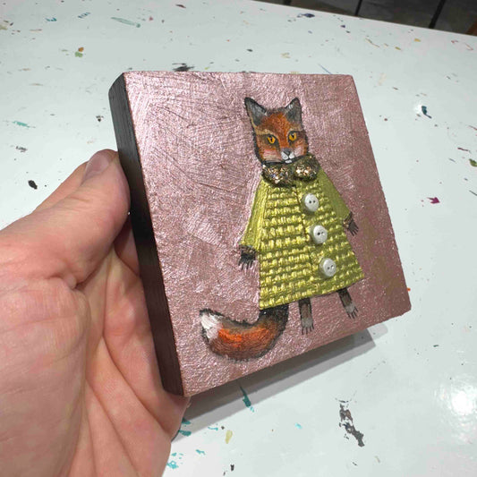 Foxy Winter Coat in Metallic Rose Pink 4x4" - Oil Painting