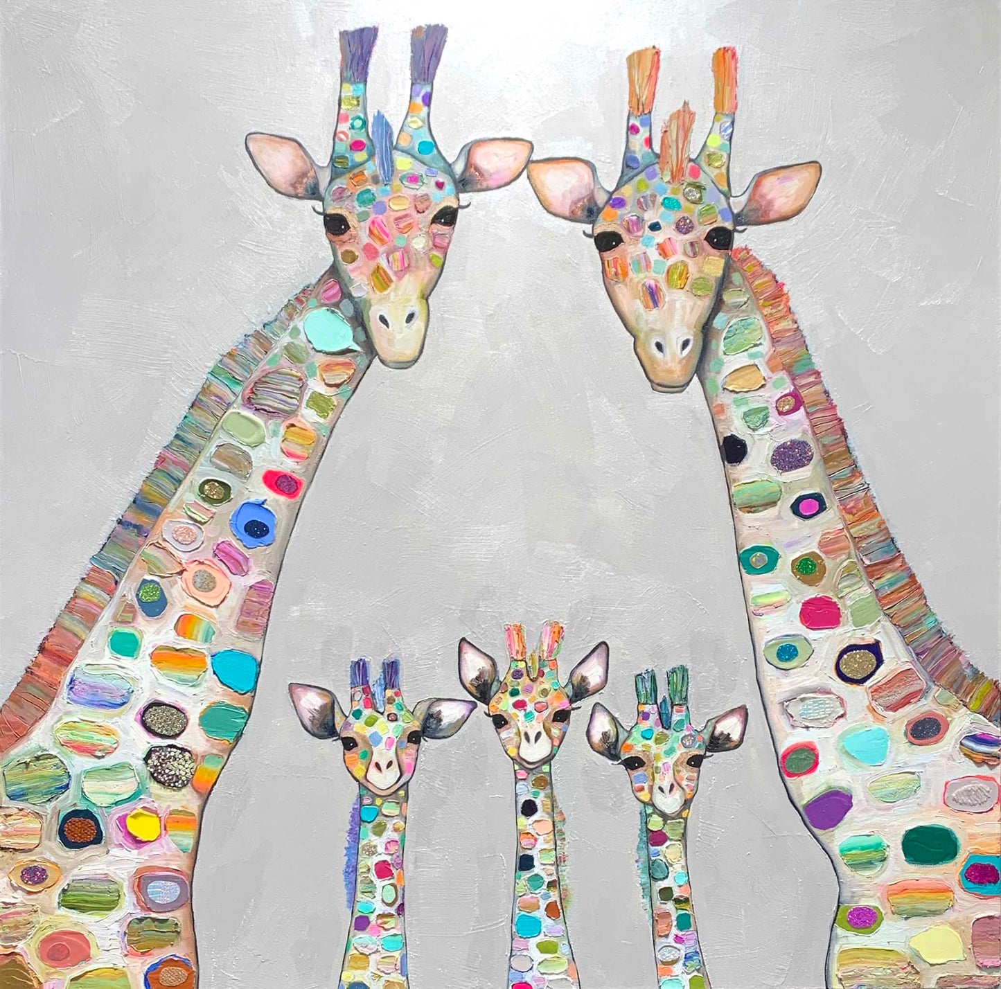 Giraffe Family in Pearl White 48x48" - Oil Painting