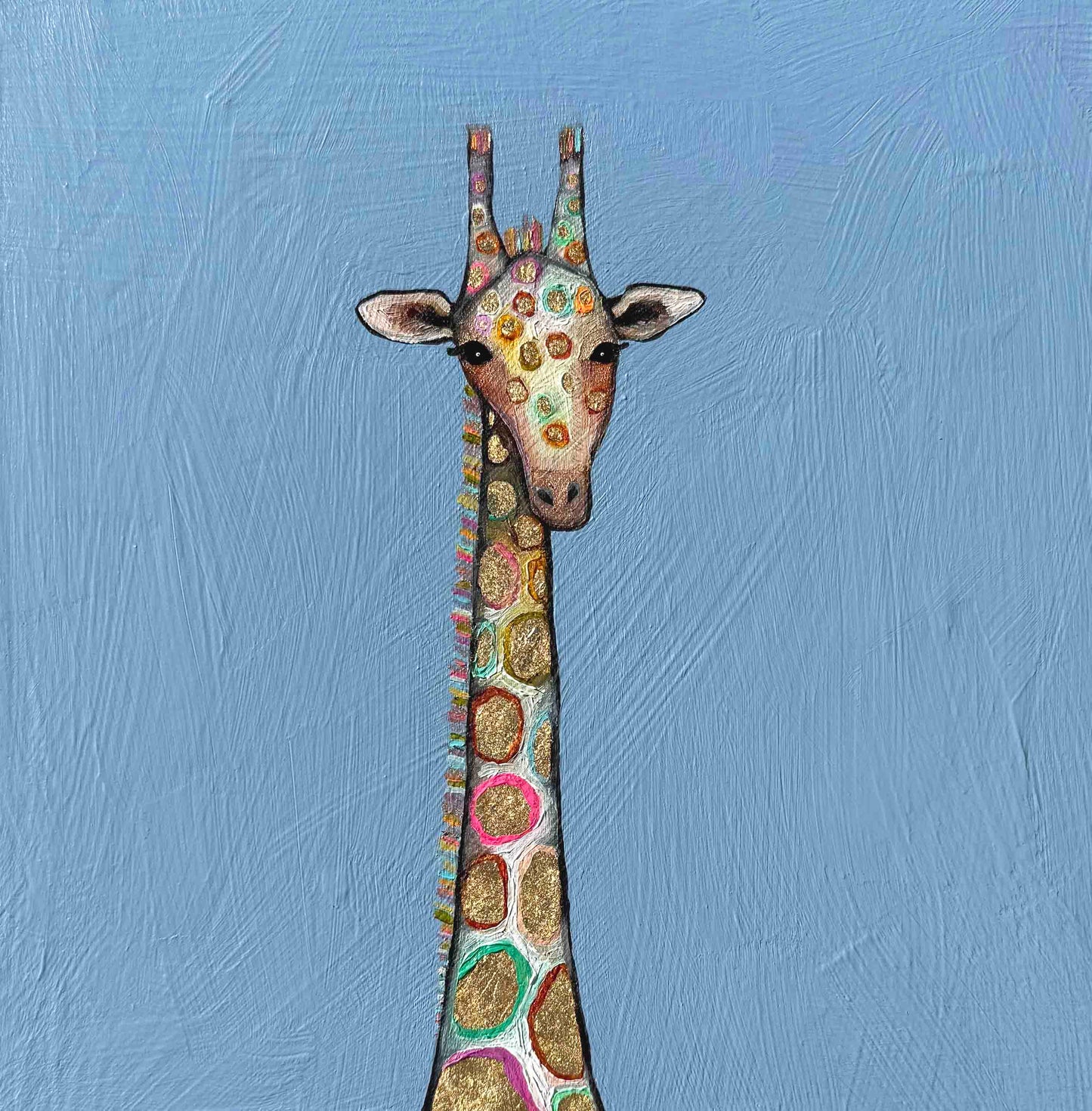 Tiny Gold Giraffe in Periwinkle Blue - 8x8" - Oil Painting