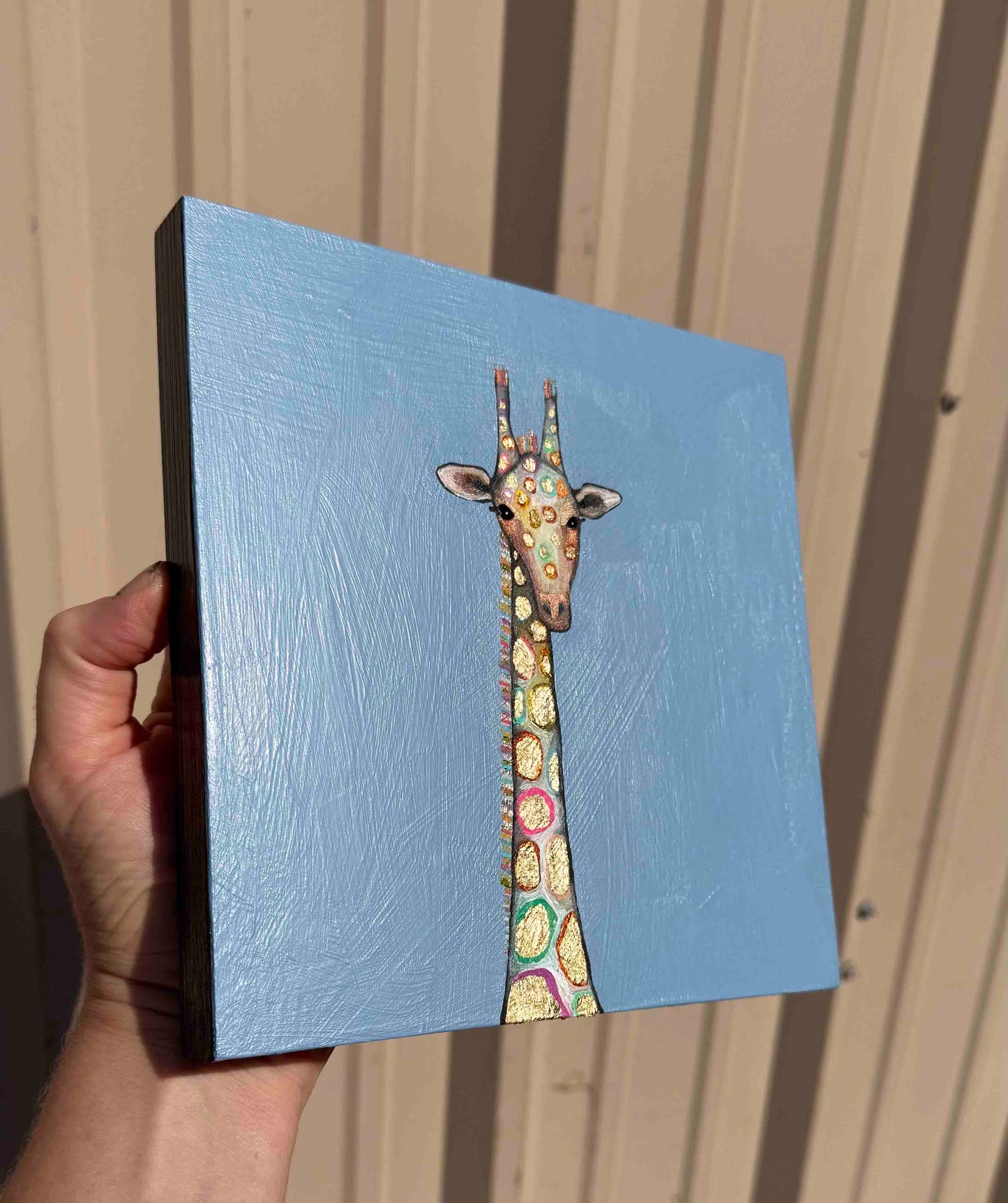 Tiny Gold Giraffe in Periwinkle Blue - 8x8" - Oil Painting
