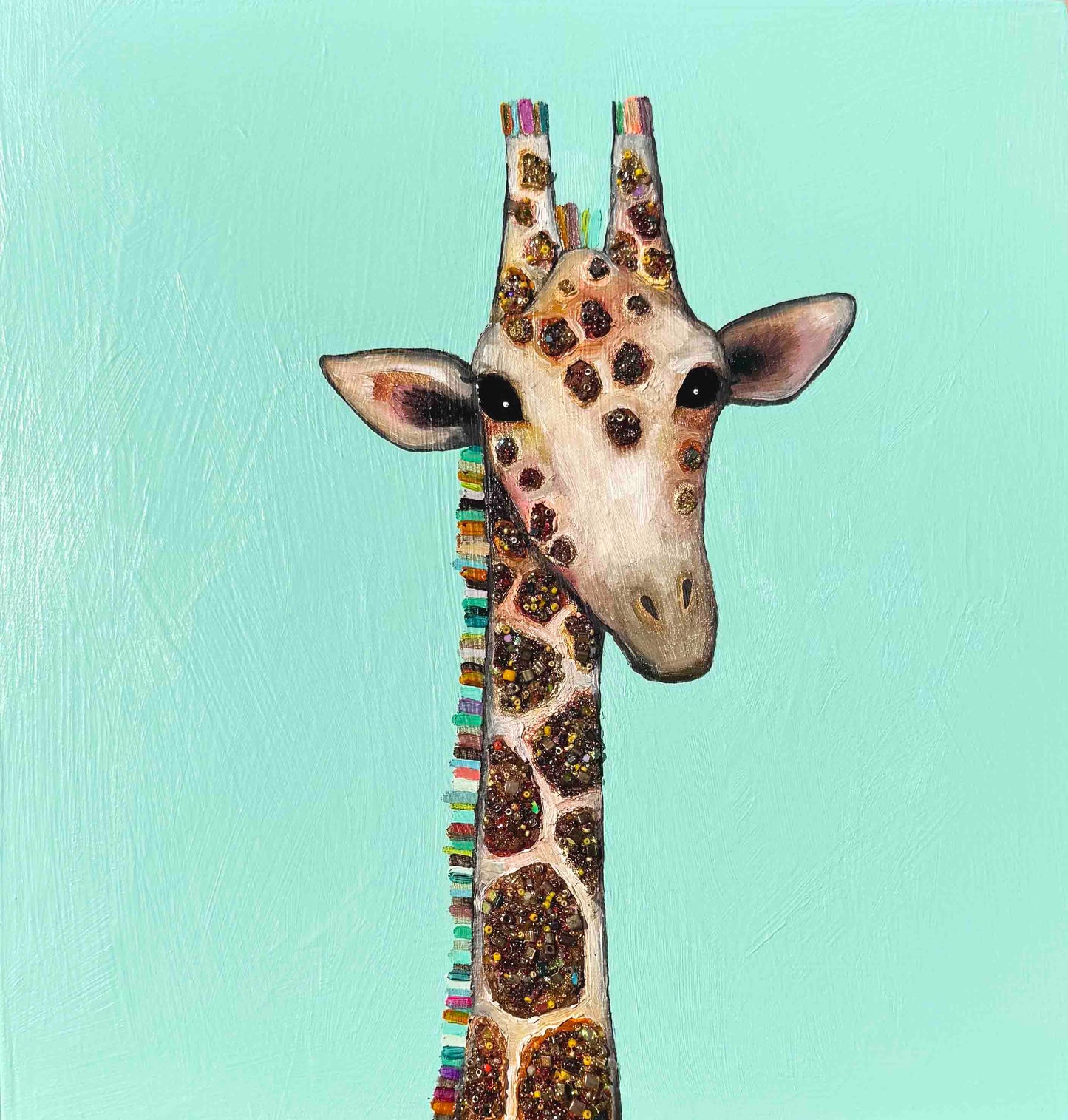 Jeweled Giraffe in Light Aqua - 12x12" - Oil Painting