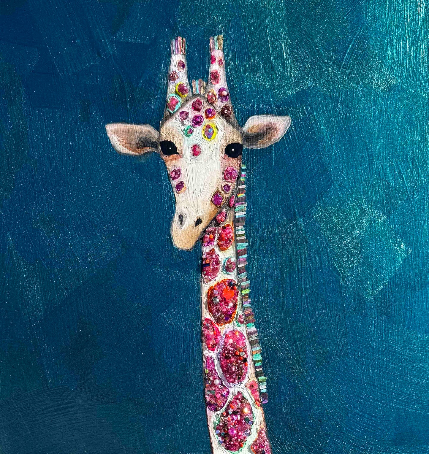 Jeweled Giraffe in Metallic Deep Turquoise - 12x12" - Oil Painting