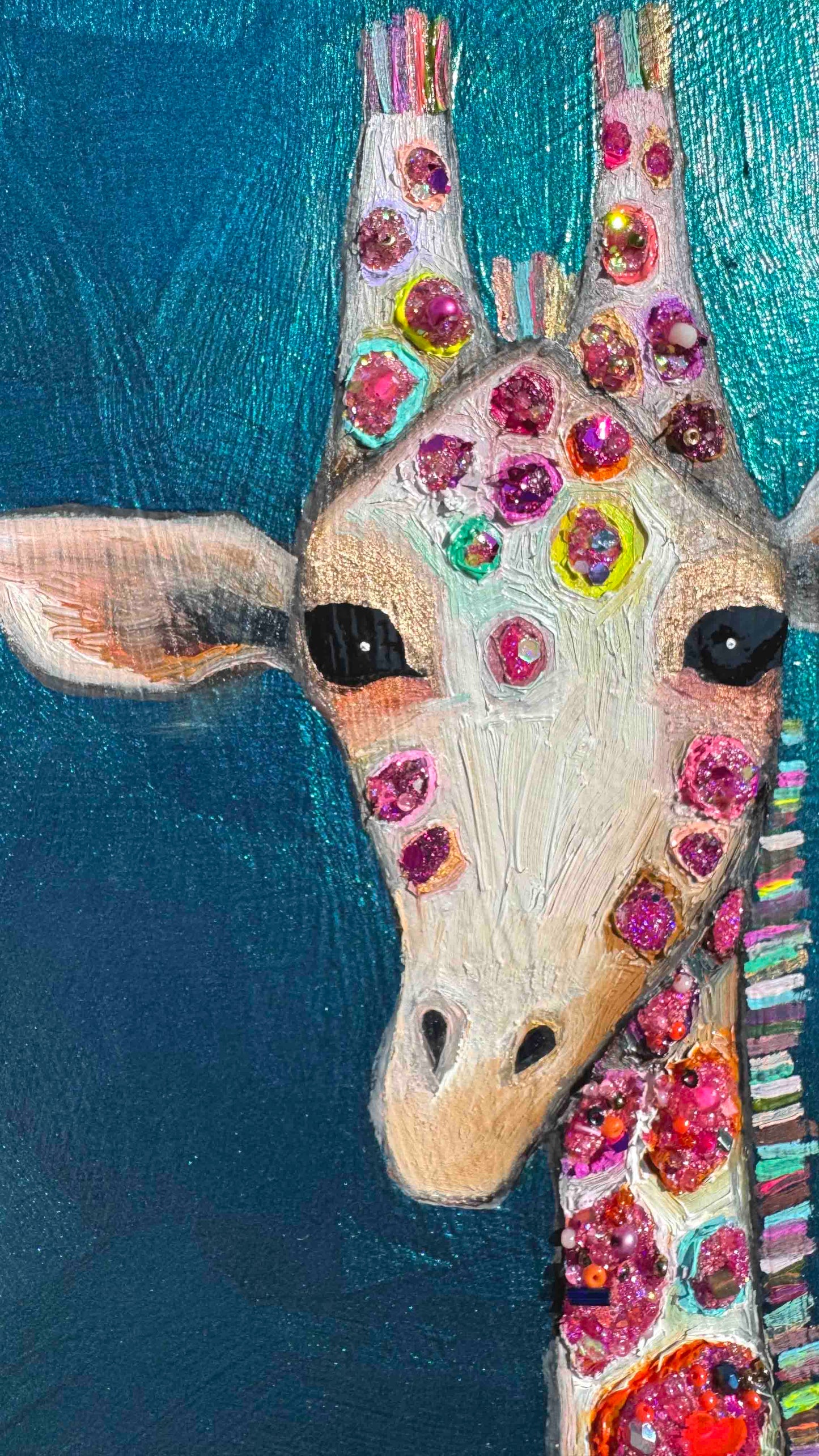 Jeweled Giraffe in Metallic Deep Turquoise - 12x12" - Oil Painting