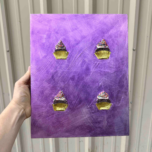 Four Mini Cupcakes in Iridescent Violet 11x14" - Oil Painting