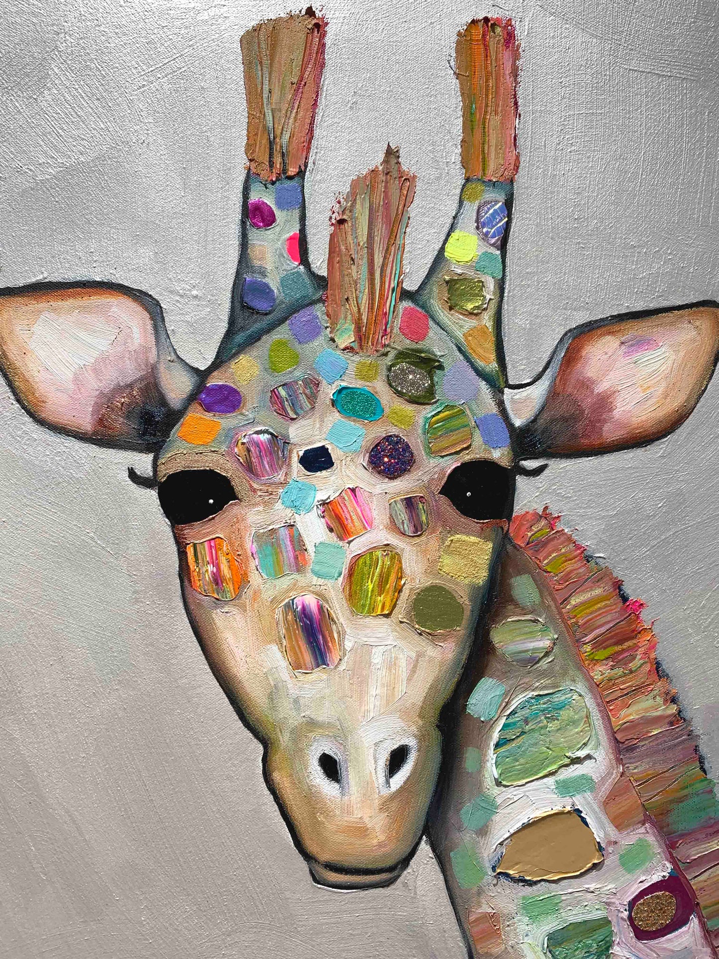 Giraffe Family in Pearl White 48x48" - Oil Painting