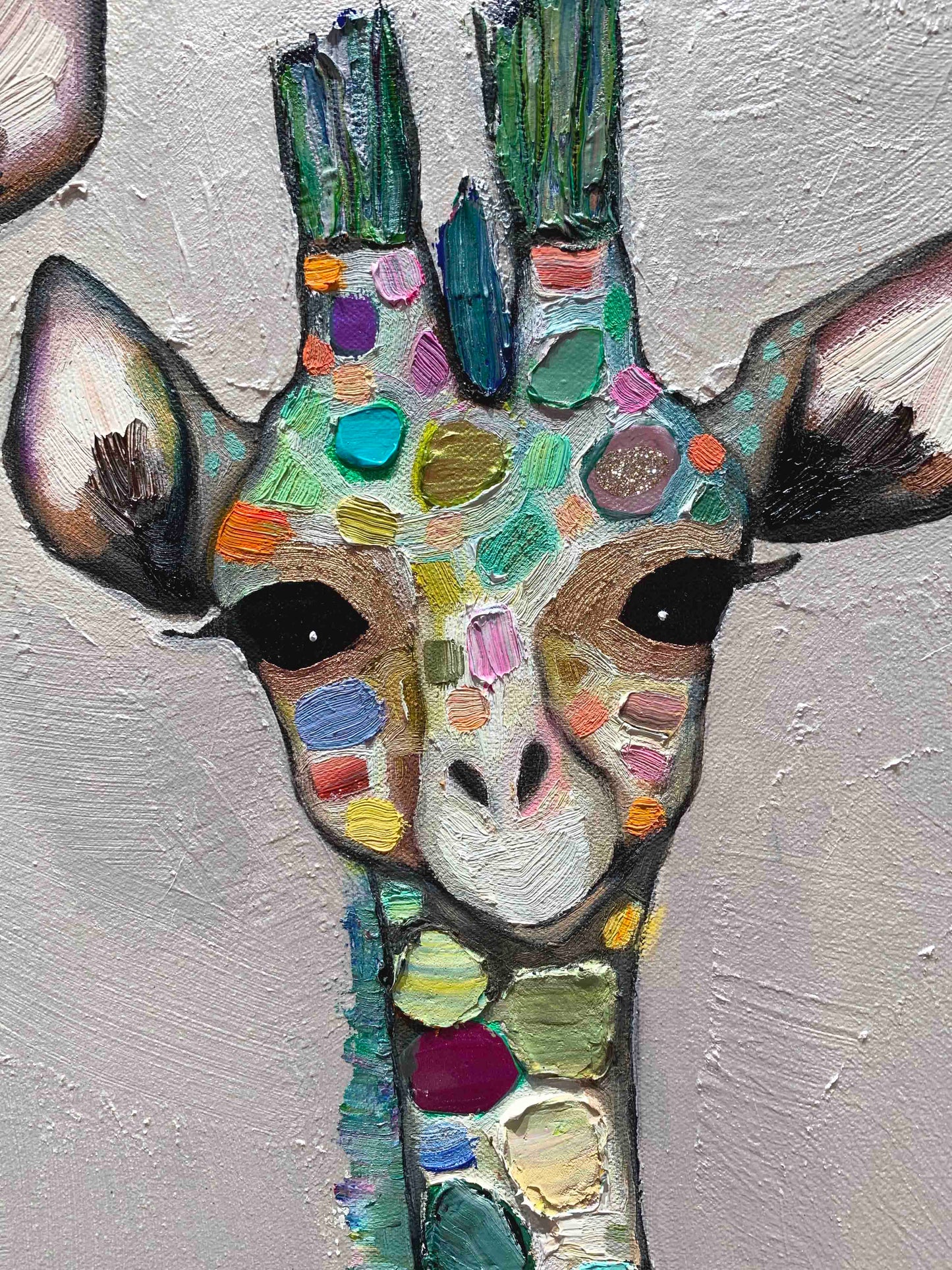 Giraffe Family in Pearl White 48x48" - Oil Painting