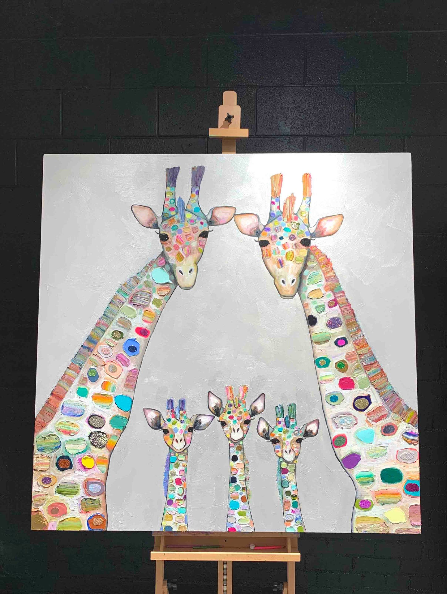 Giraffe Family in Pearl White 48x48" - Oil Painting