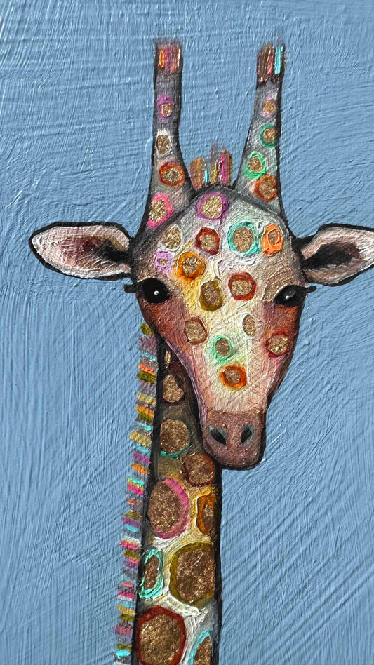 Tiny Gold Giraffe in Periwinkle Blue - 8x8" - Oil Painting