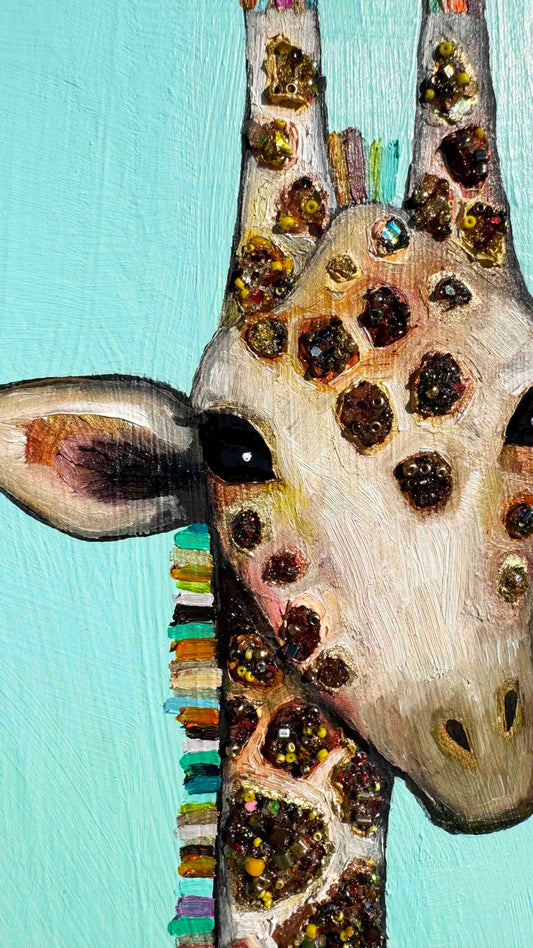 Jeweled Giraffe in Light Aqua - 12x12" - Oil Painting