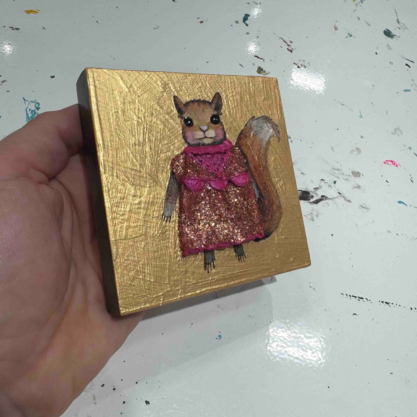 Squirrely Dress 4x4" - Oil Painting