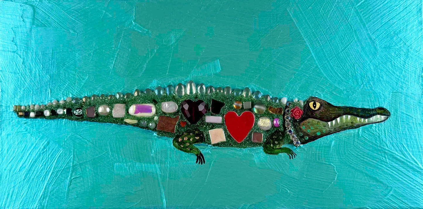 Alligator in Shimmery Pearl Aqua - 6x12" - Oil Painting