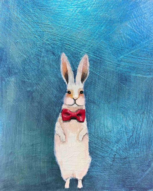 Bow Tie Bunny in Iridescent Blue 8x10" - Oil Painting