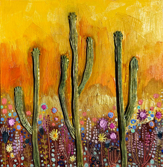 Desert Flowers in Butter Yellow - 8.25 x 8.25" - Oil Painting