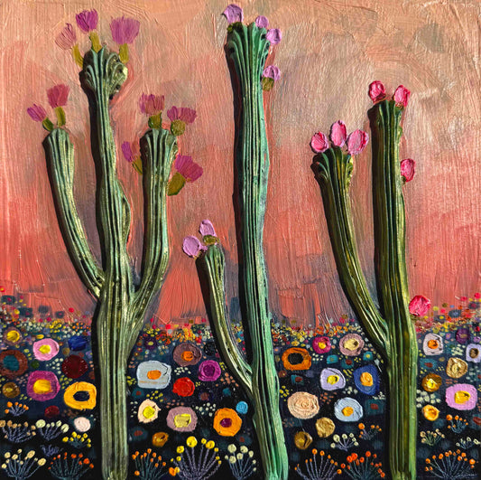 Desert Flowers in Coral - 8 x 8" - Oil Painting