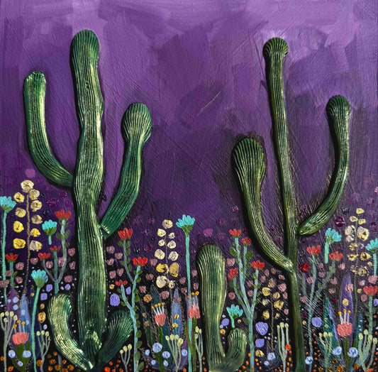 Desert Flowers in Dark Violet - 8 1/16 x 8 1/16" - Oil Painting