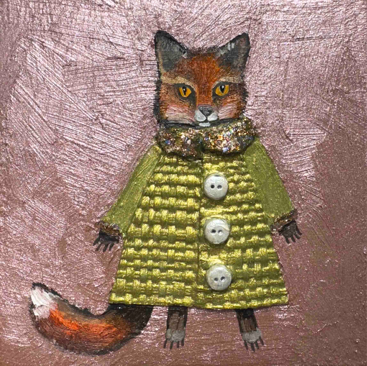 Foxy Winter Coat in Metallic Rose Pink 4x4" - Oil Painting