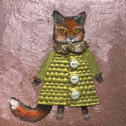 Foxy Winter Coat in Metallic Rose Pink 4x4" - Oil Painting