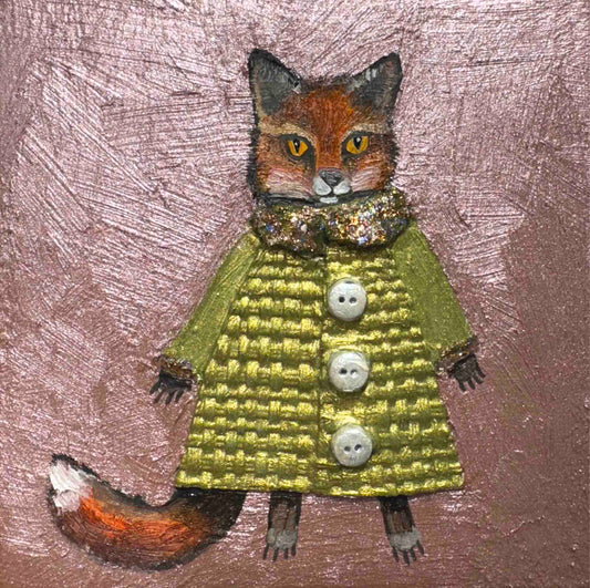 Foxy Winter Coat in Metallic Rose Pink 4x4" - Oil Painting
