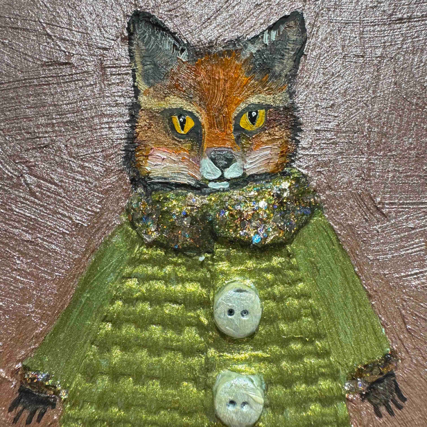 Foxy Winter Coat in Metallic Rose Pink 4x4" - Oil Painting