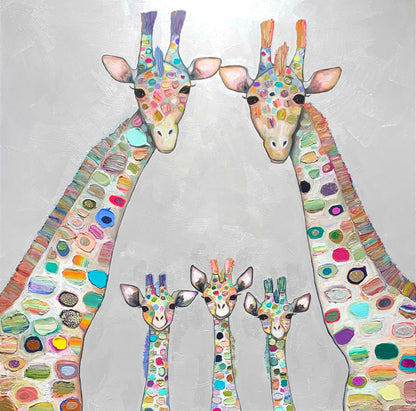 Giraffe Family in Pearl White 48x48" - Oil Painting