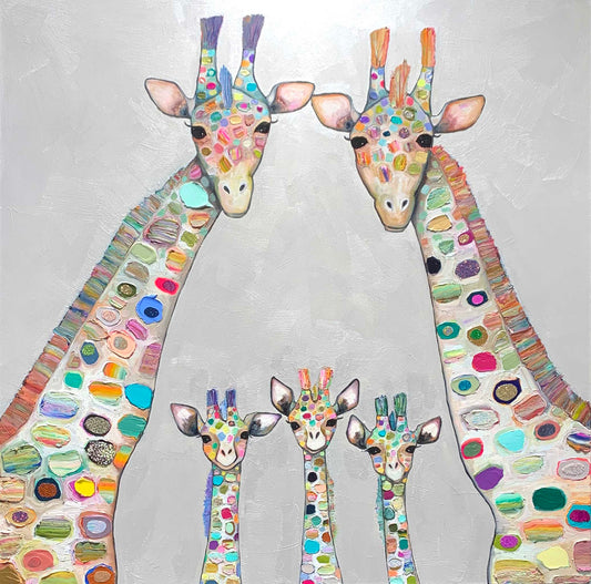 Giraffe Family in Pearl White 48x48" - Oil Painting