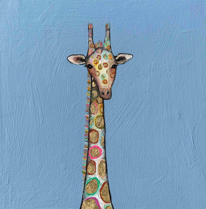 Tiny Gold Giraffe in Periwinkle Blue - 8x8" - Oil Painting