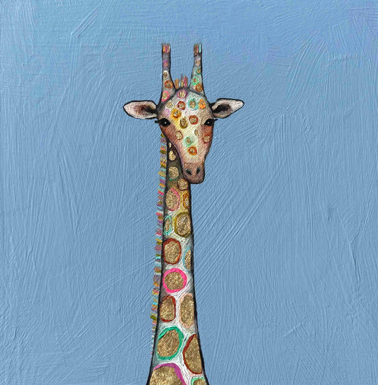 Tiny Gold Giraffe in Periwinkle Blue - 8x8" - Oil Painting