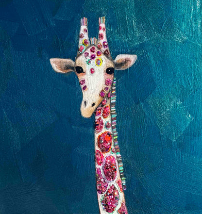 Jeweled Giraffe in Metallic Deep Turquoise - 12x12" - Oil Painting