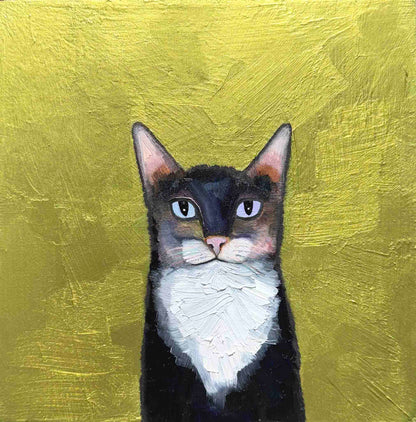 Kitty Kitty in Metallic Citrus - 8.25 x 8.25" - Oil Painting
