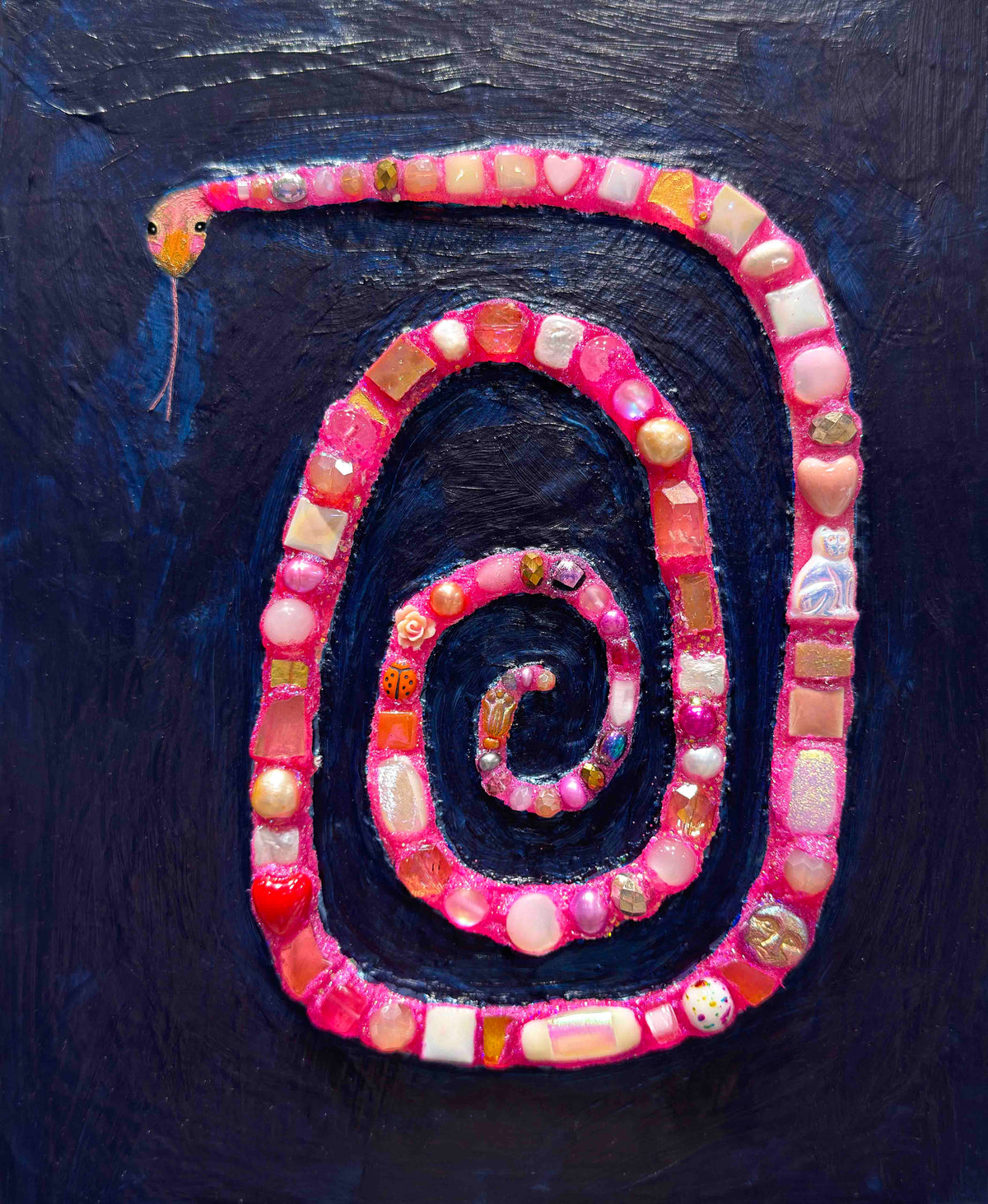 Pink Jeweled Snake in Prussian Blue - 8x10" - Oil Painting