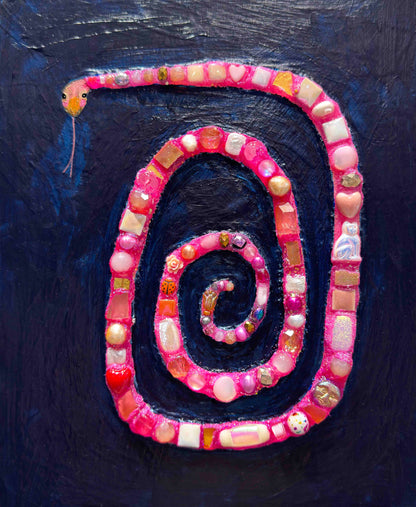 Pink Jeweled Snake in Prussian Blue - 8x10" - Oil Painting