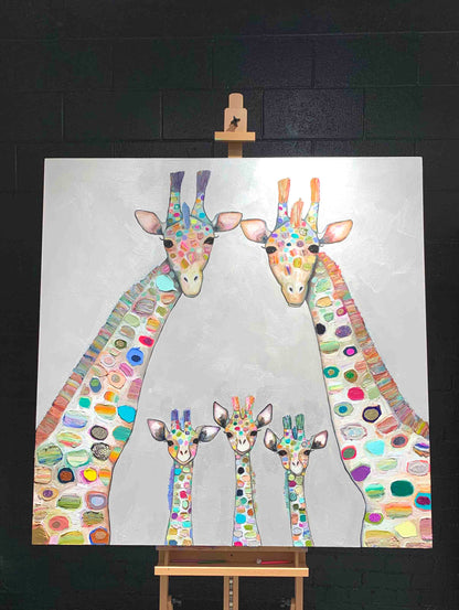 Giraffe Family in Pearl White 48x48" - Oil Painting