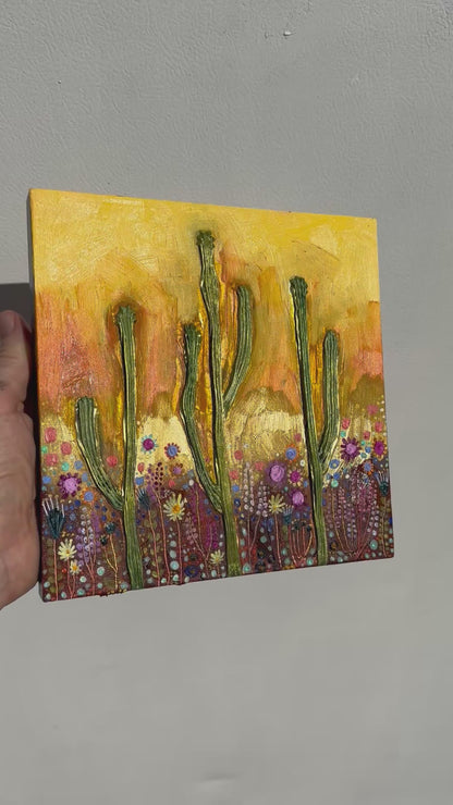 Desert Flowers in Butter Yellow - 8.25 x 8.25" - Oil Painting
