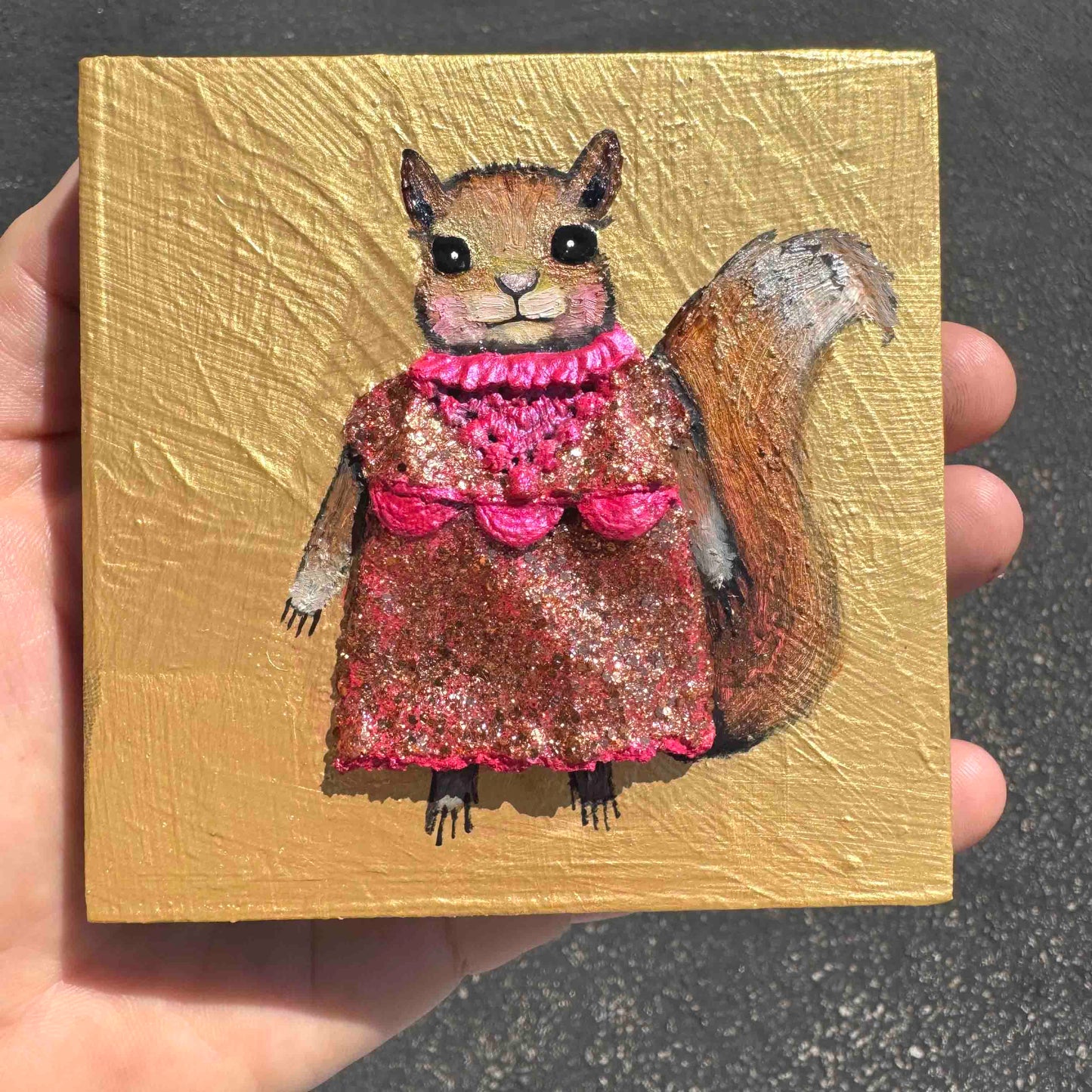 Squirrely Dress 4x4" - Oil Painting