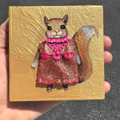 Squirrely Dress 4x4" - Oil Painting